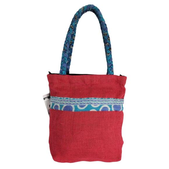 NWT FreeSet Global Red Burlap Tote Bag Ethically Made in India, Braided Handles - Picture 2 of 10